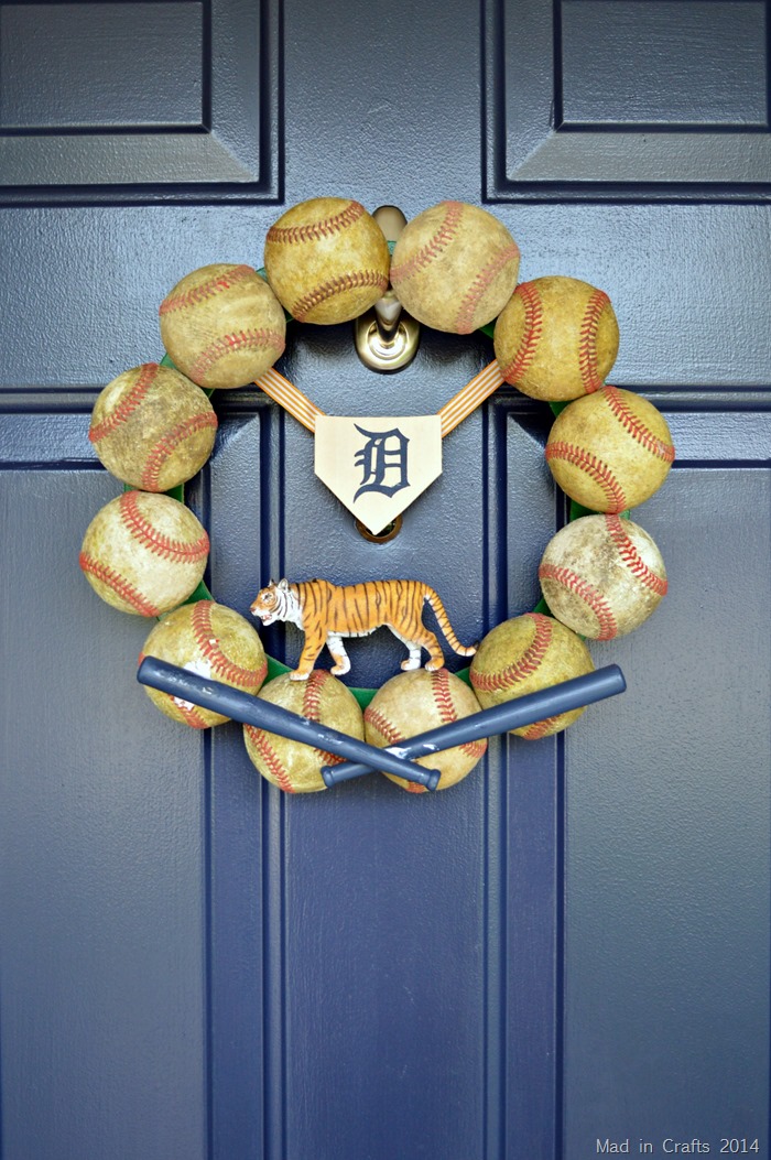 DIY Detroit Tigers baseball wreath on a blue door