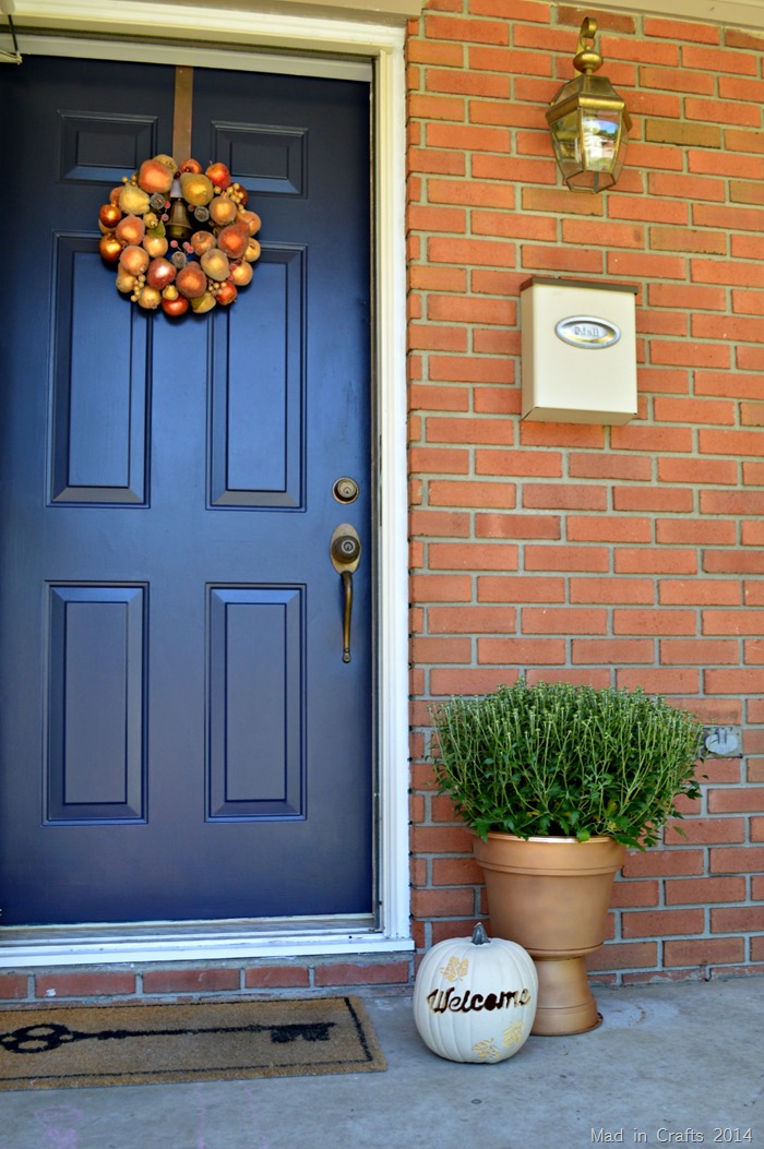 faux bronze pedestal planter fall front porch 2014