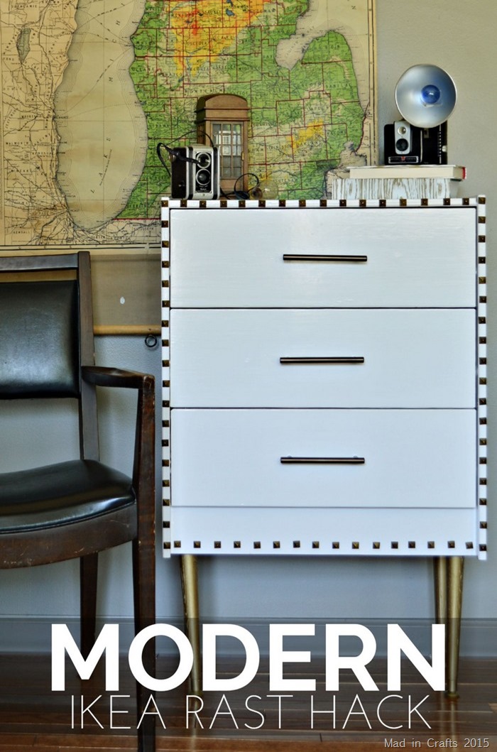 painted IKEA rast dresser on legs near a chair and a map of Michigan