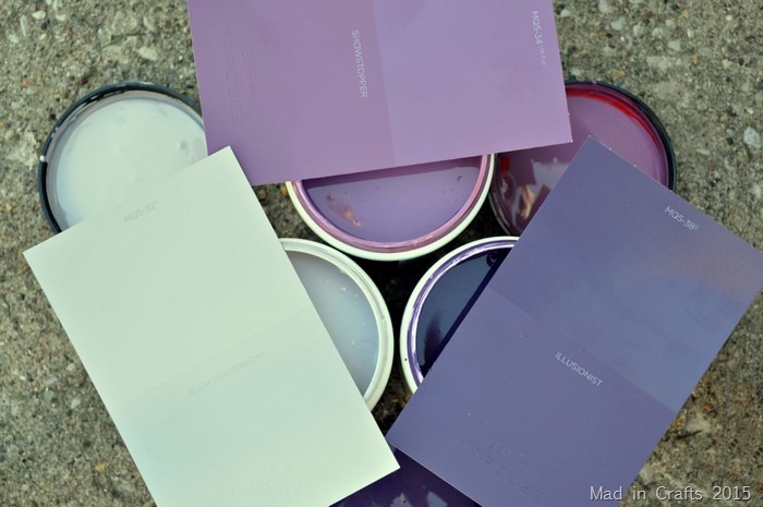 sample pots of Behr Marquee Paint in shades of purple