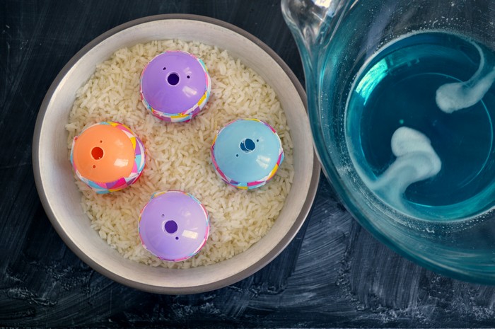 blue soap being poured into four plastic eggs with holes drilled in the bottom sitting in a bowl of uncooked rice