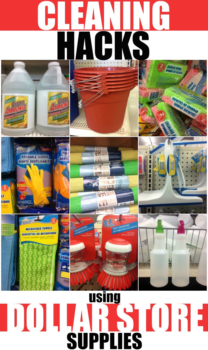 collage of Cleaning Hacks Using Dollar Store Supplies