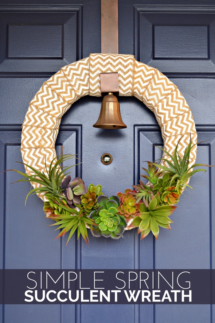 burlap and succulent wreath on a blue door