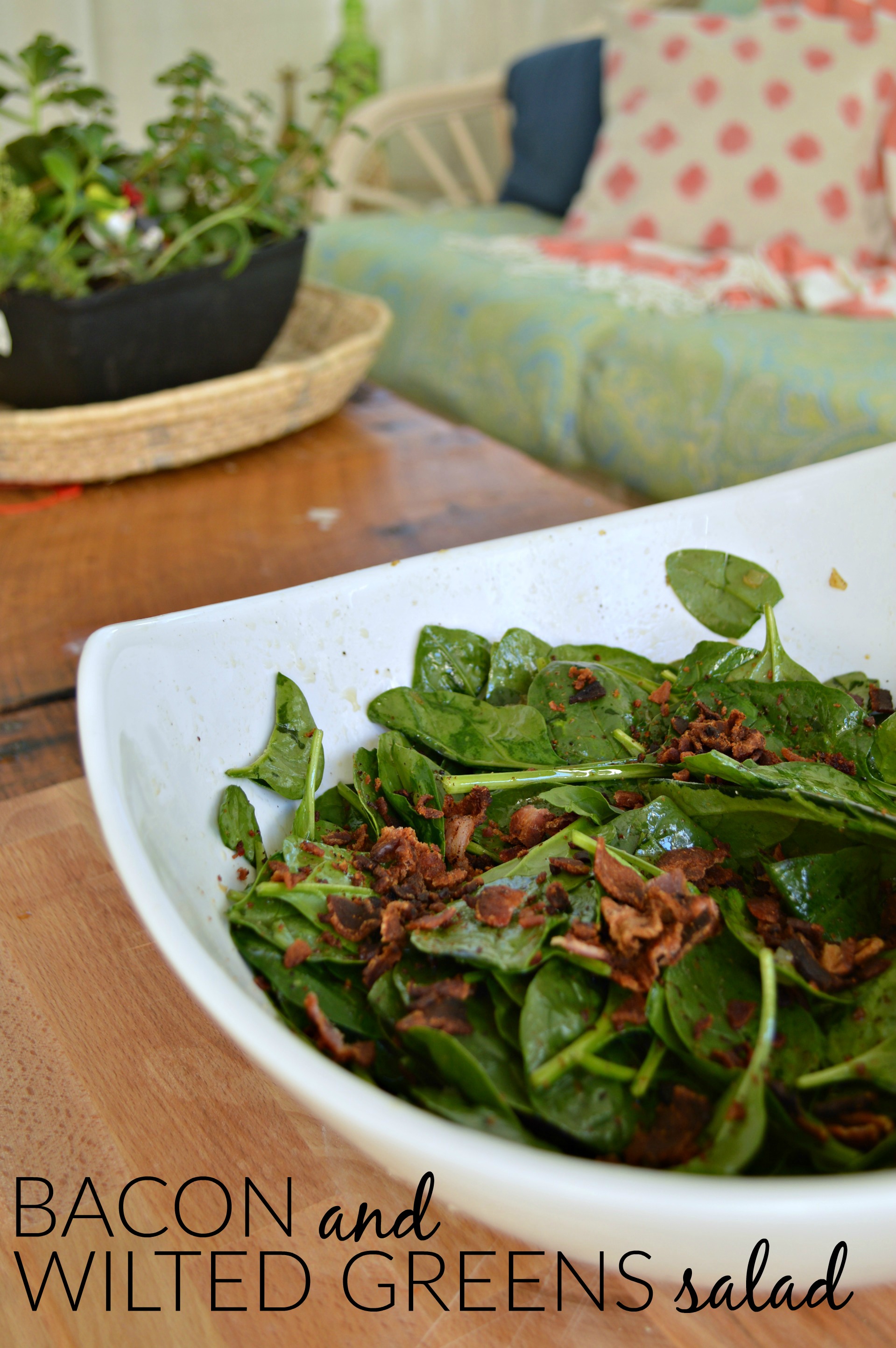 Bowl of wilted spinach salad with bacon dressing on a table near a plant