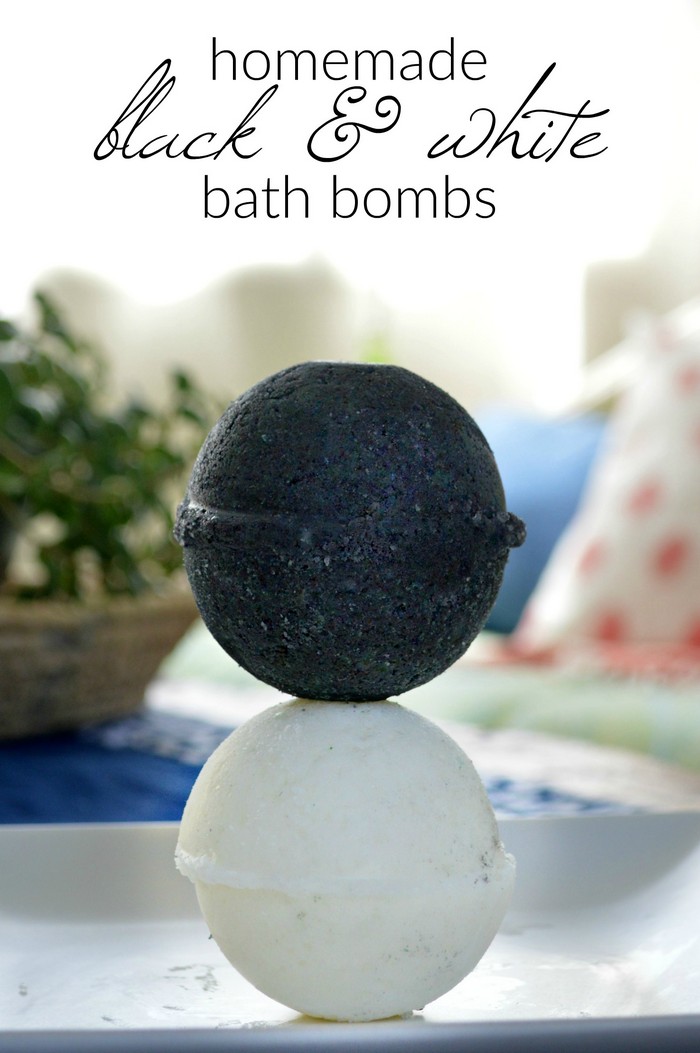white and black DIY bath bombs on a tray