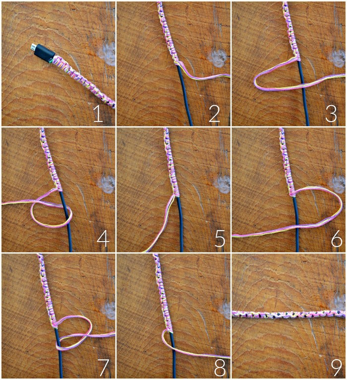 step by step photos of how to wrap a charging cord with embroidery floss