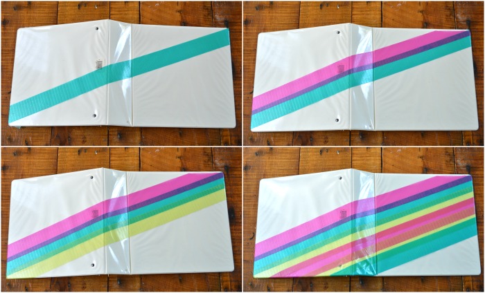 collage of white binders with colorful duck tape