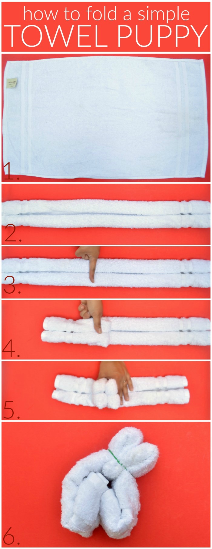 step by step photos of folding a towel to look like a puppy