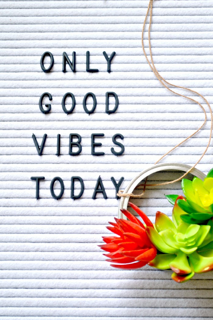 Mason jar ring succulent wreaths on a letterboard that says Only Good Vibes Today