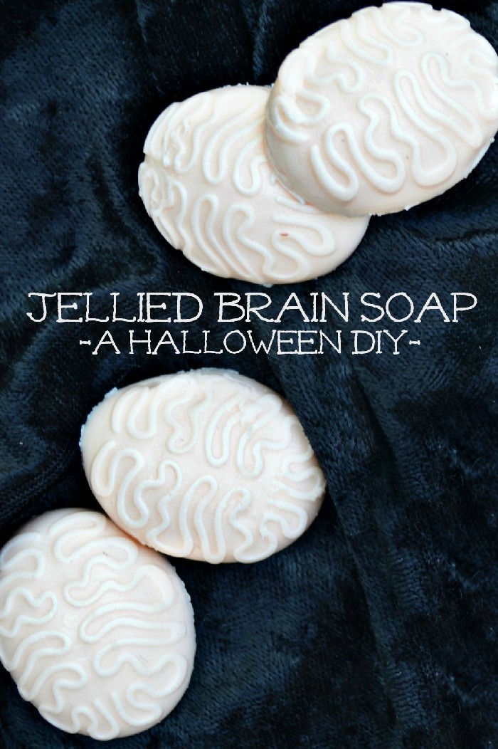 diy halloween jelly soap shaped like brains on a black background