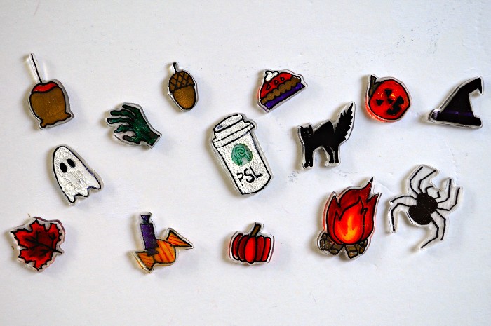 halloween shrink plastic pins on a white background