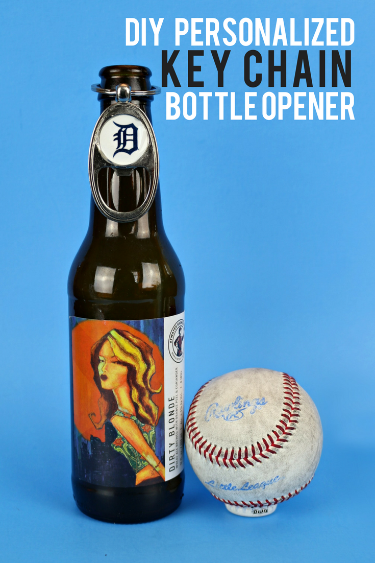 DIY Detroit Tigers bottle opener key chain hanging on a bottle of beer next to a baseball
