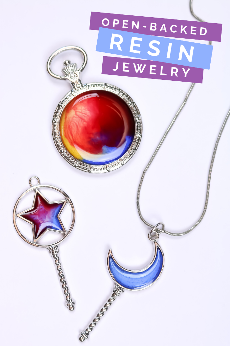 A close up of open backed jewelry bezels filled with colorful resin.