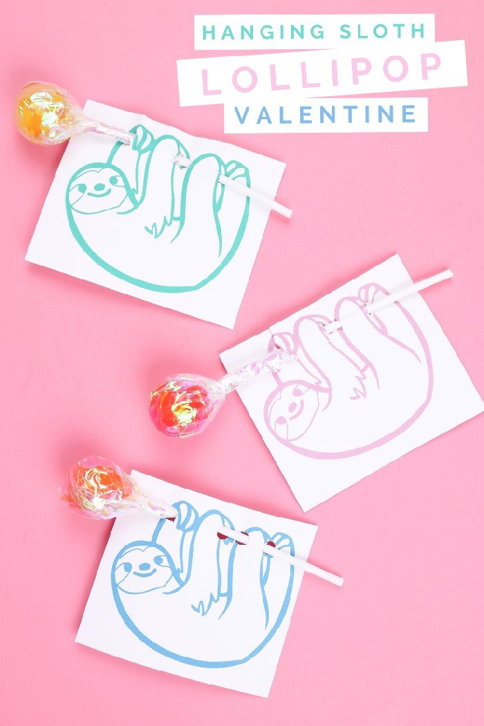 PRINTABLE HANGING SLOTH LOLLIPOP VALENTINE Valentine's Day Mad in Crafts