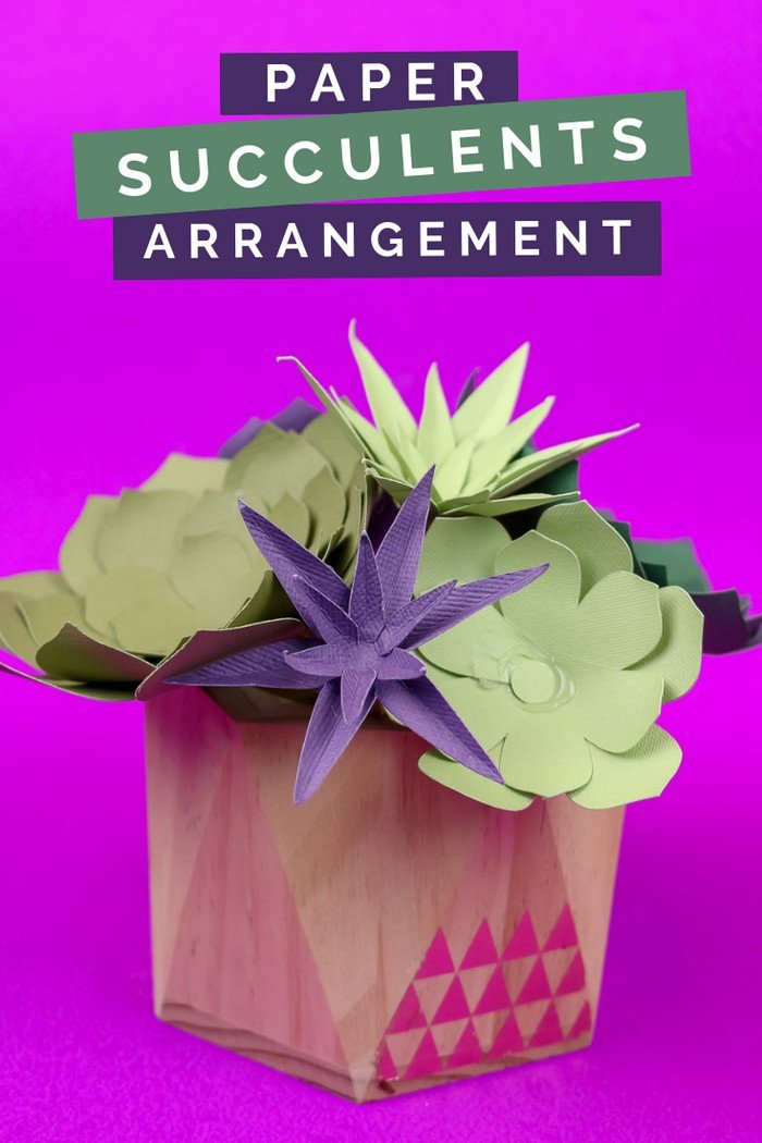 Arrangement of paper succulents in purples and greens