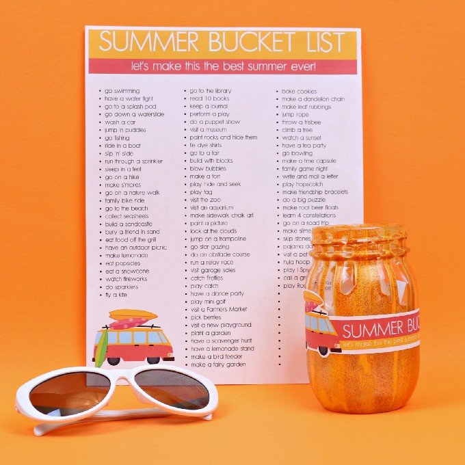 summer bucket list printables with a mason jar and sunglasses on an orange background