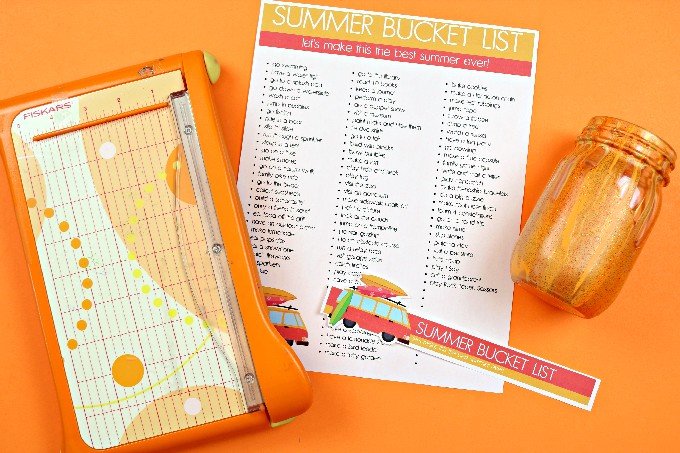 summer bucket list printables and paper cutter an orange background