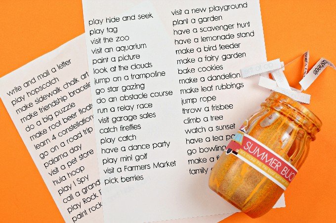 summer bucket list printables with a mason jar on an orange background