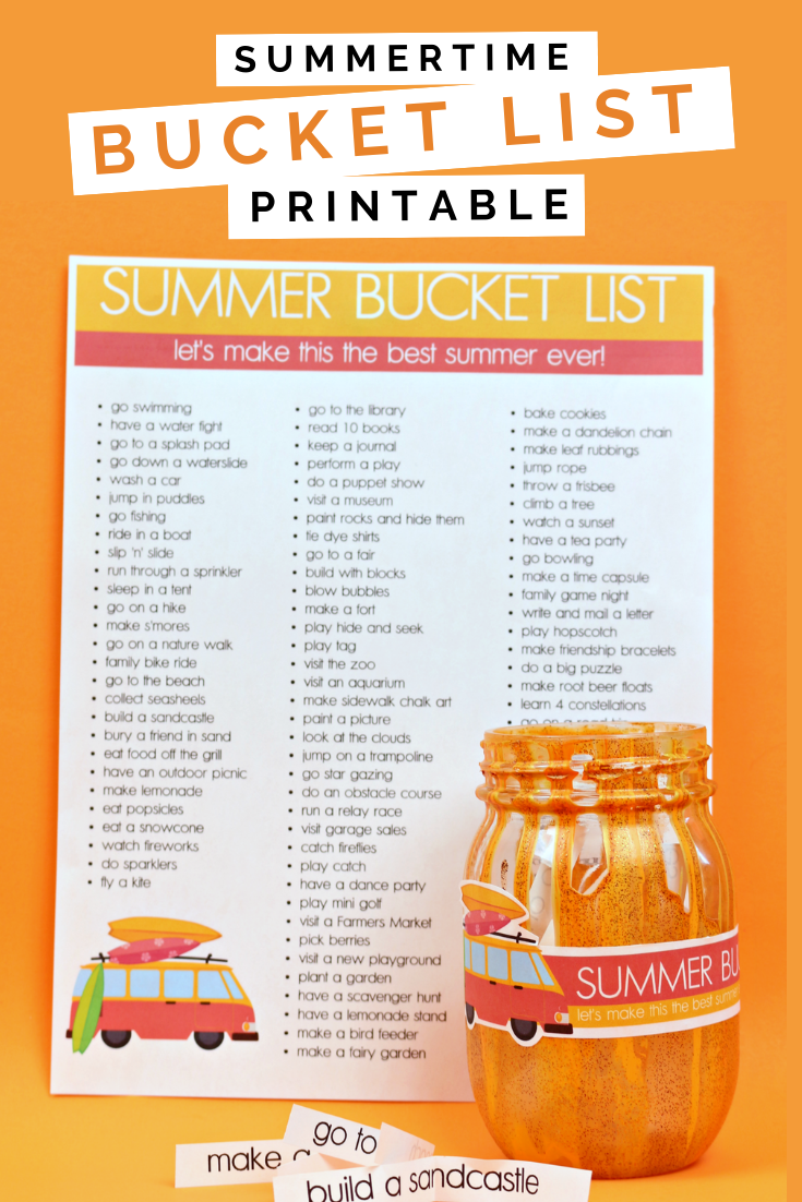 summer printable bucket list with a mason jar on an orange background