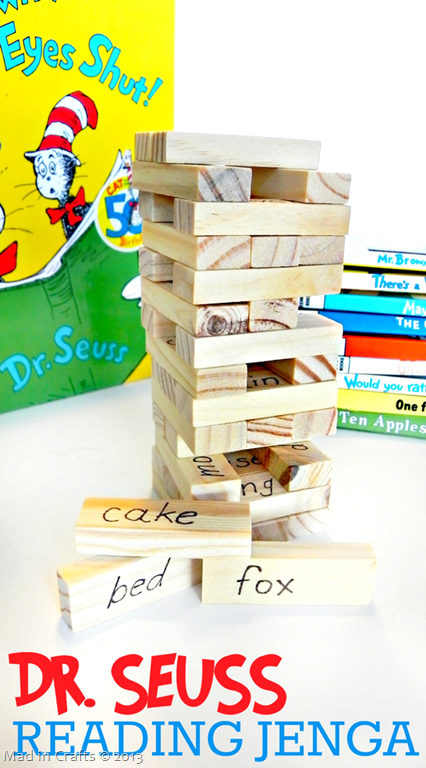 DIY Dr. Seuss jenga blocks and Dr Seuss books