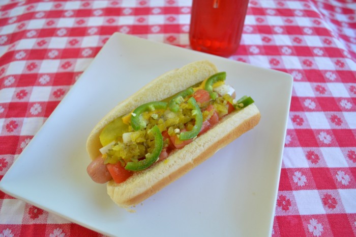 Chicago-style hot dog on a white plate on a red checked tablecloth
