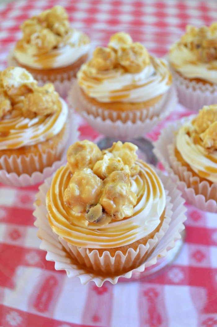 frosted cupcakes topped with Cracker Jack 