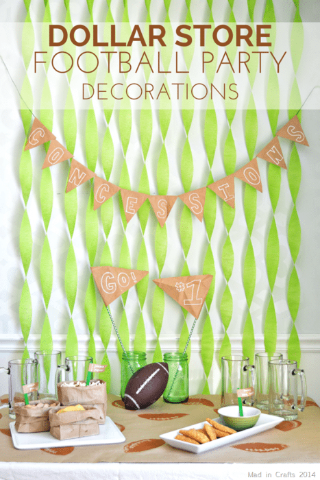 Super bowl party table with green streamers