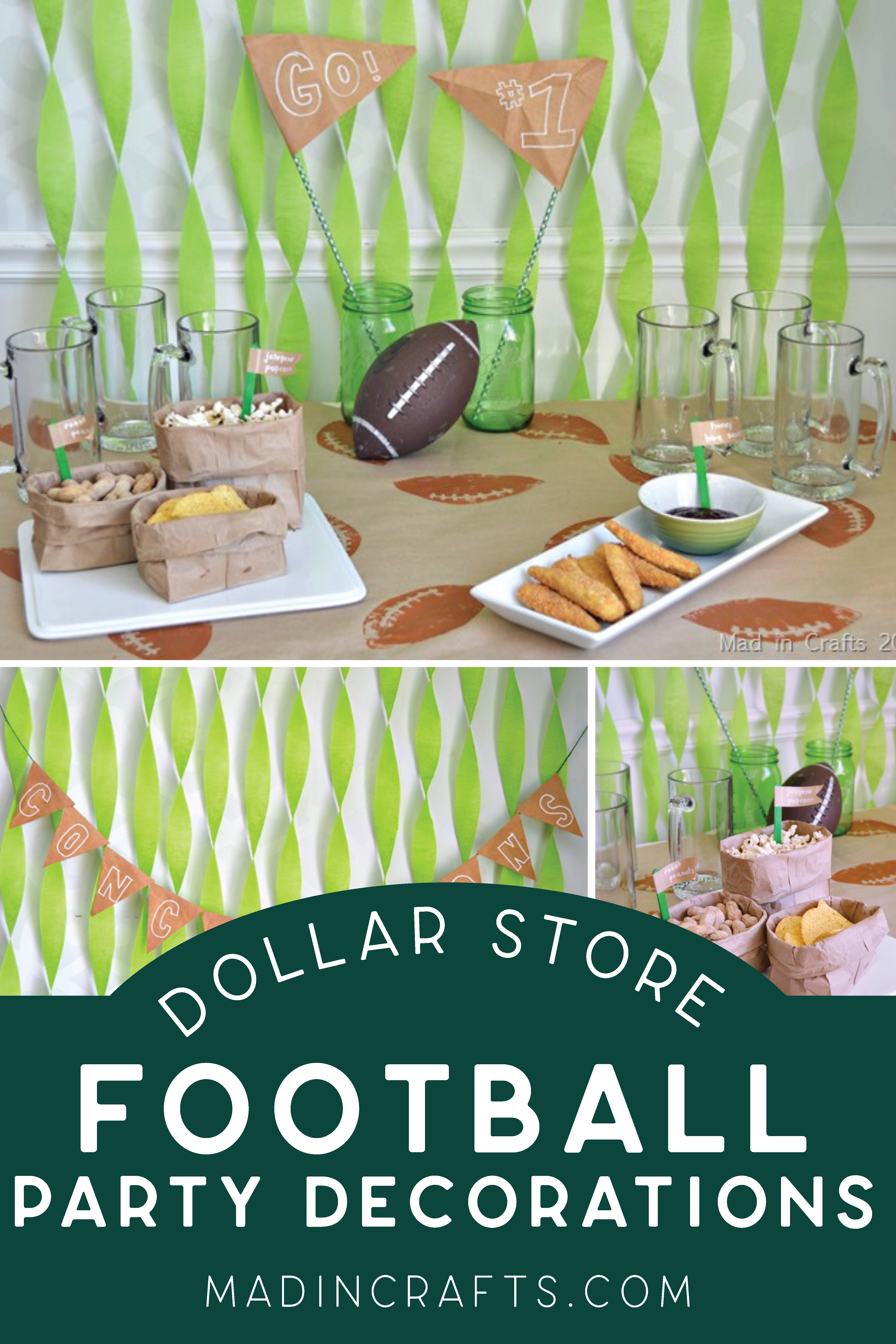 photo collage of dollar store football party decorations
