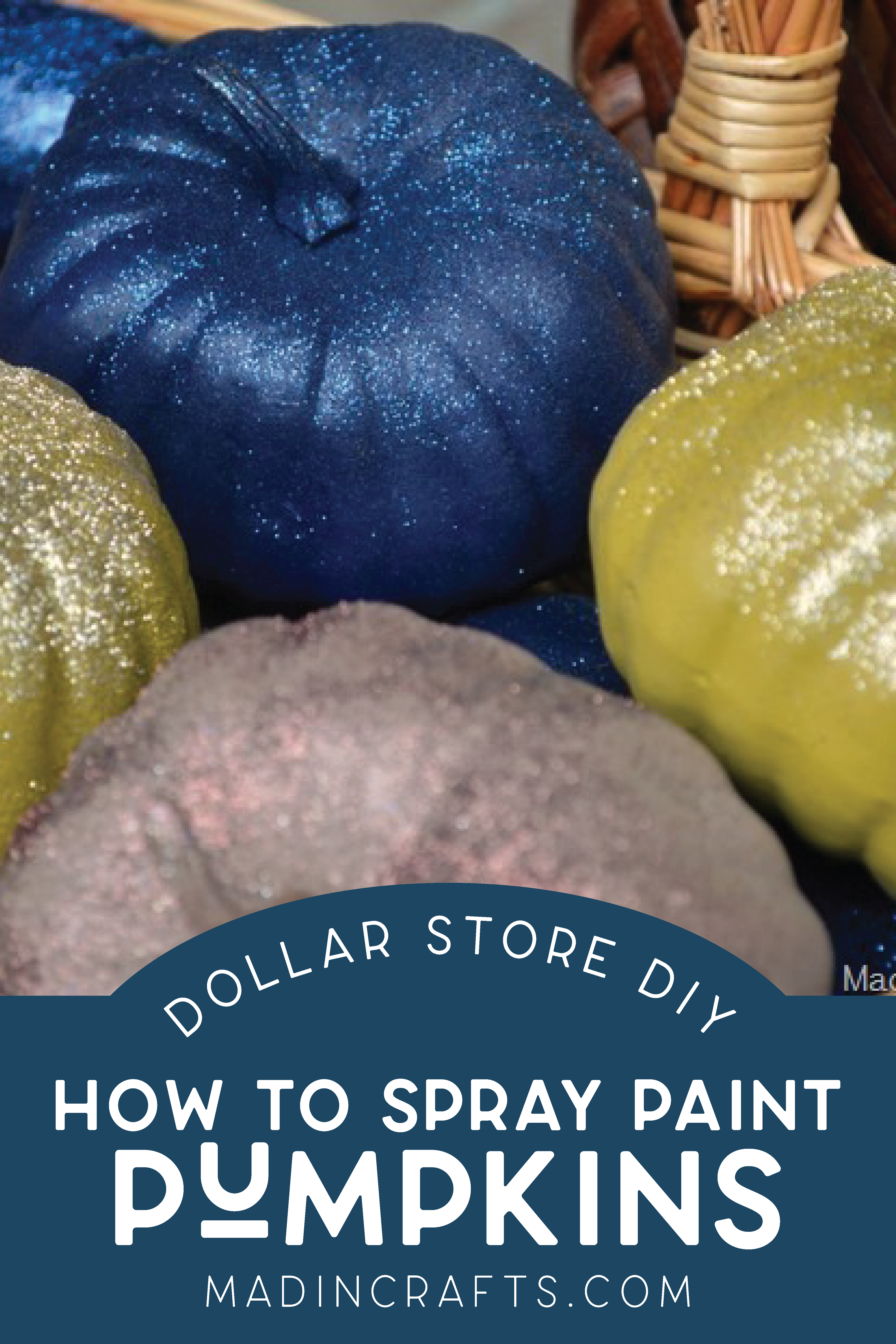 pumpkins spray painted blue, green, and tan
