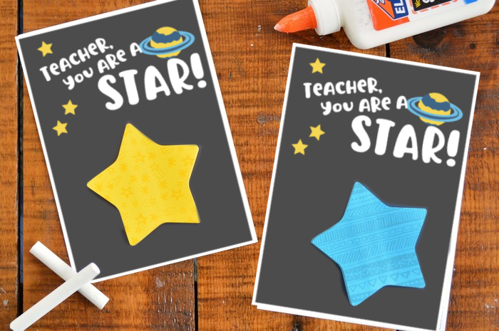 two teacher appreciation cards with star shaped Post It notes