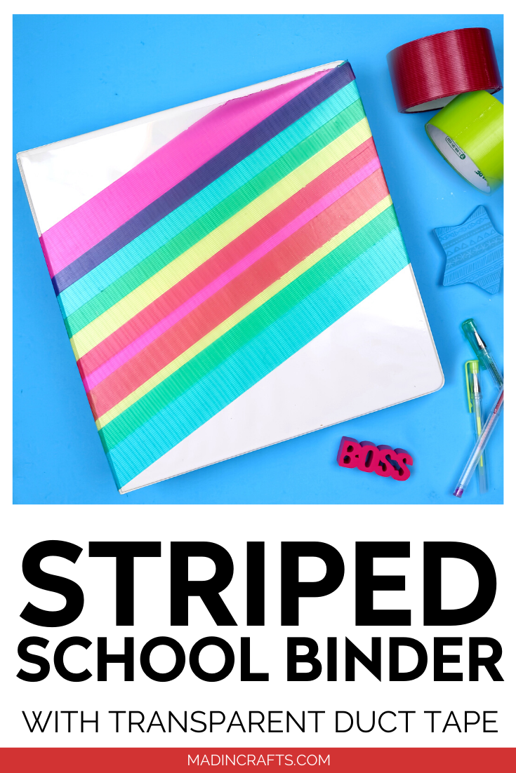 binder with colorful duct tape and school supplies on a blue background