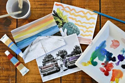 painted black and white photos with watercolor paint and paintbrushes