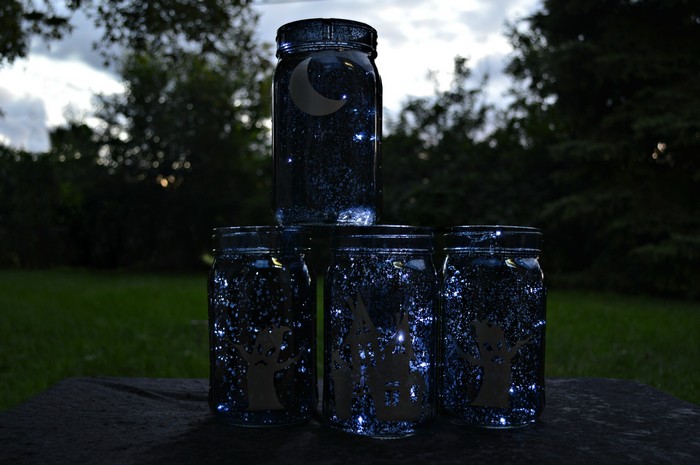 black mason jars with silver vinyl halloween scenes