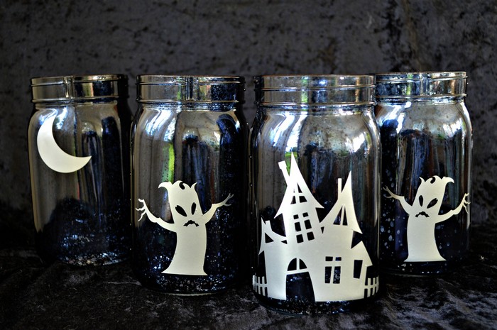 black mason jar with silver vinyl halloween village designs