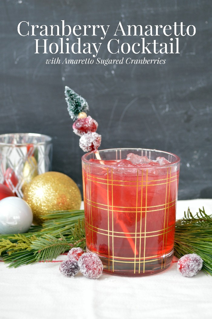 CRANBERRY AMARETTO COCKTAIL WITH AMARETTO SUGARED CRANBERRIES