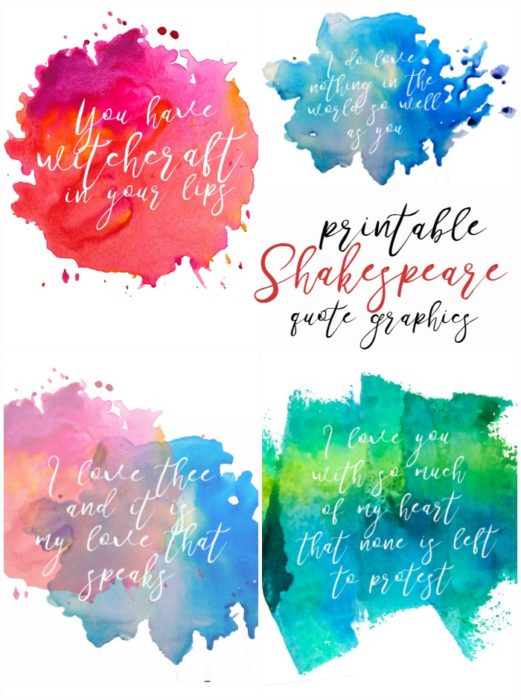 Collage of Shakespeare quotes on watercolor backgrounds