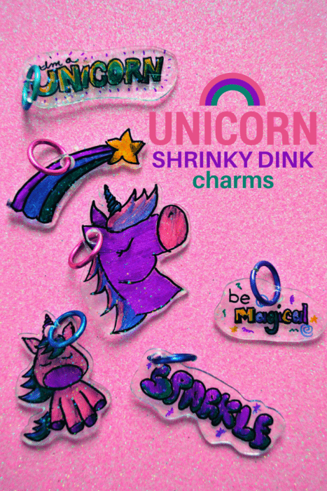 Unicorn shrink plastic charms on a pink glitter background