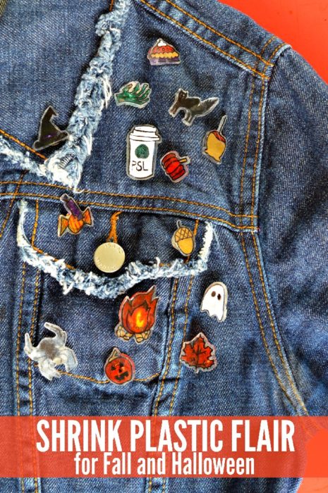 Fall and Halloween design shrink plastic pins on a jean jacket