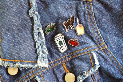 halloween shrink plastic pins on a jean jacket
