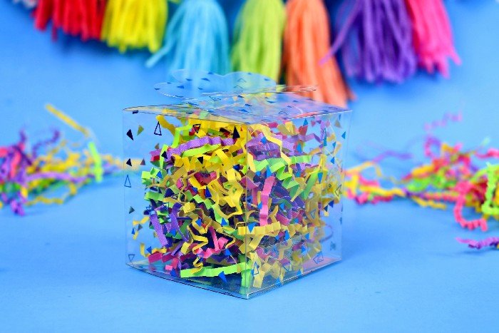 colorful DIY Cricut acrylic gift box with tassel garland