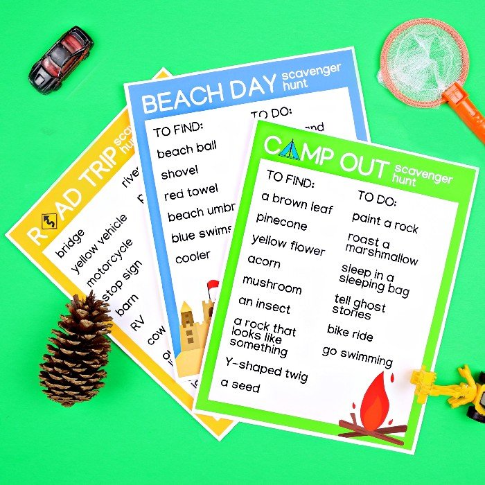 road trip, beach day, and camping scavenger hunt printables with outdoor toys on a green background