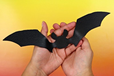 hands holding black bat shape cut out of plastic