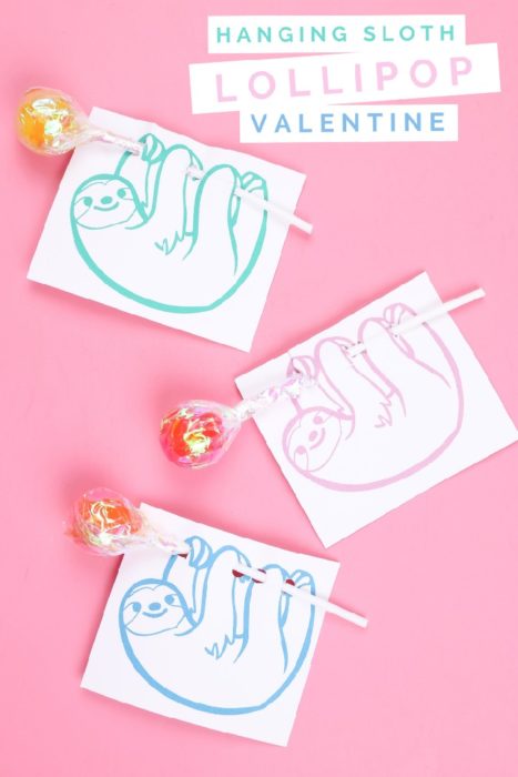 3 printable sloth valentine cards that hold lollipops on a pink background