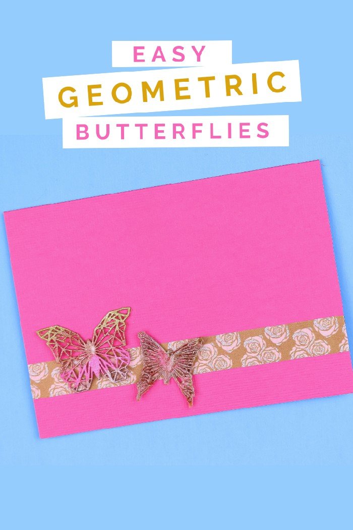 pink greeting card with washi tape and liquid sculpey butterflies