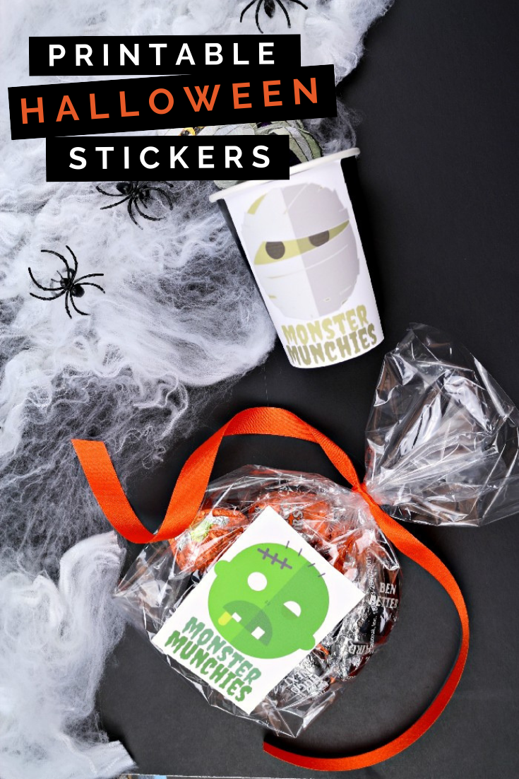 Halloween treat containers with printable stickers and faux spider webs