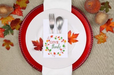 fall table setting with printable utensil holder