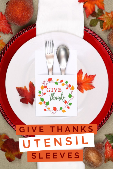 Thanksgiving utensil printable on a white plate with a red charger
