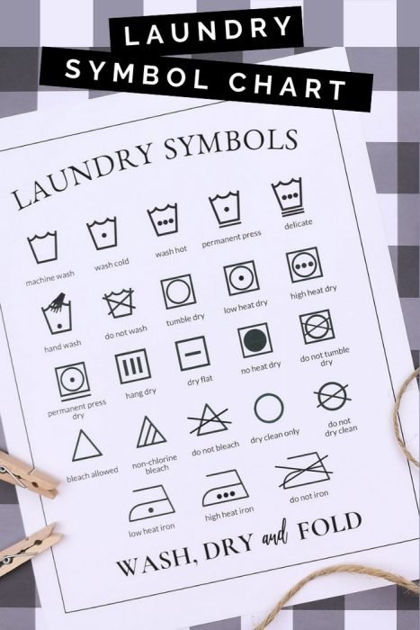 Laundry symbol printable on a plaid background with clothespins and twine