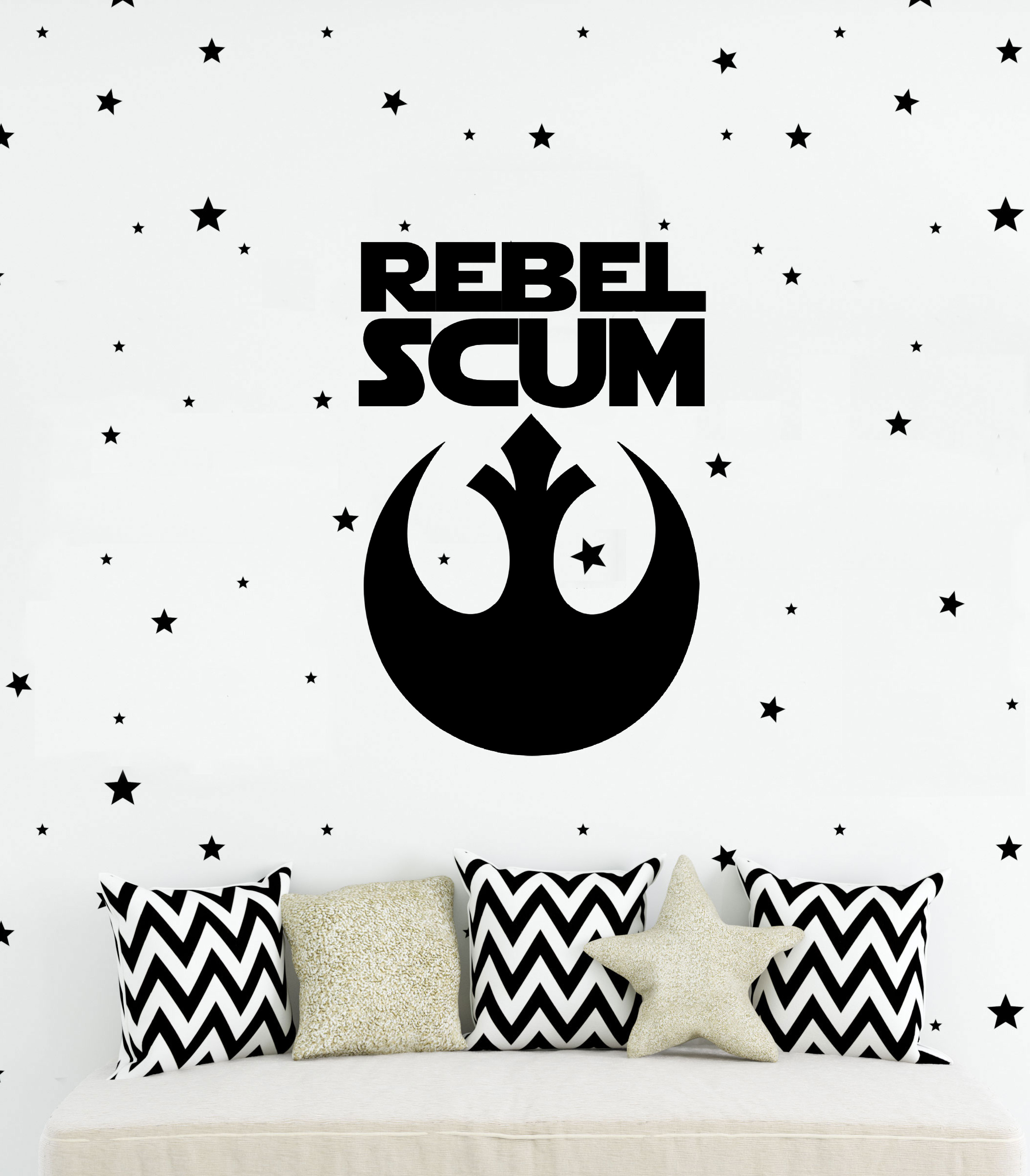 Rebel Scum Wall Decal on a bedroom wall above a bench with pillows
