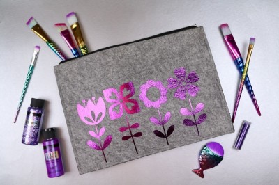 felt makeup pouch with purple foil vinyl
